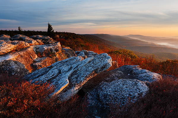 Bear Rocks West Virginia sunrise with a distant foggy valley