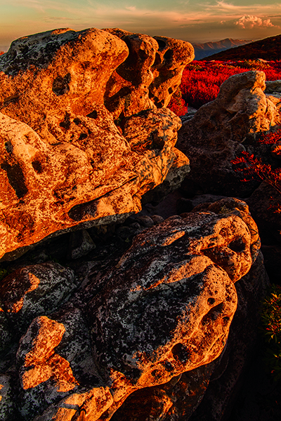 Bear Rocks West Virginia knarley rock and distant mountain in golden sunset light